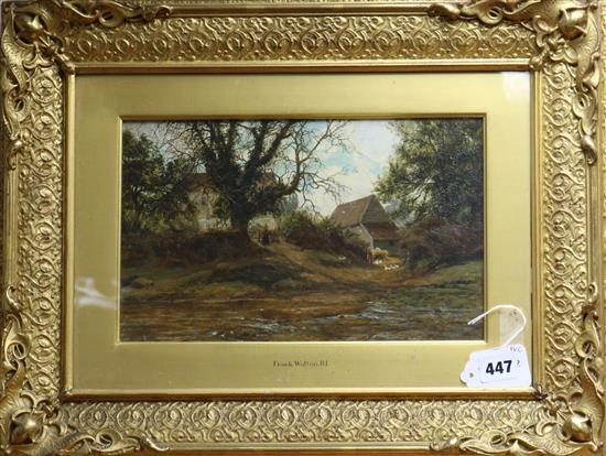 Frank Walton, oil on panel, house and barn beside a stream, signed, 19 x 30cm